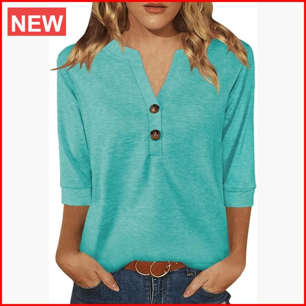 3/4 Sleeve V-Neck Button Down Shirt Polyester Blend Business Casual Top